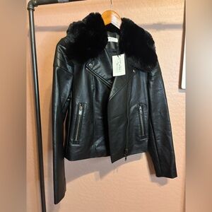 Bailey 44 Black Faux Leather Jacket with Black Fur Collar